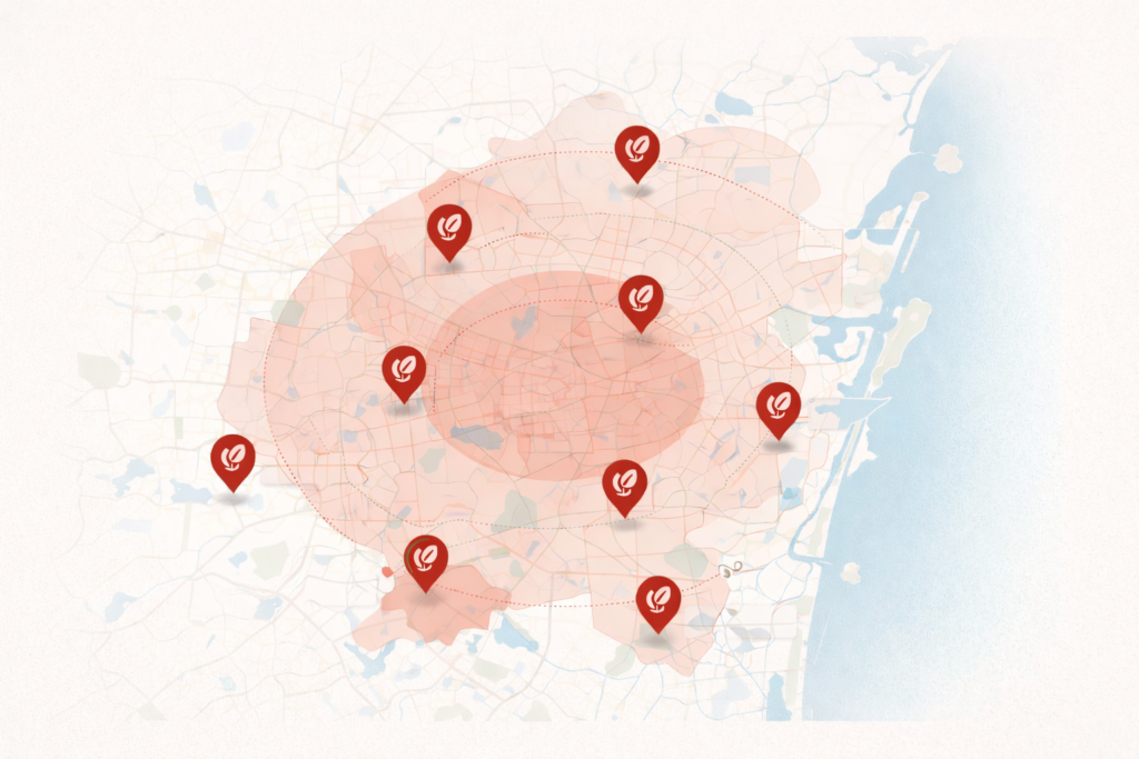 Service area map of Chennai showing vegetarian catering coverage with multiple location pins and highlighted zones