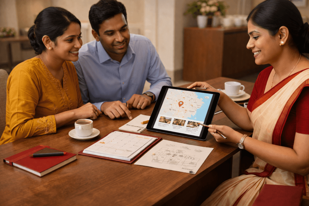 Catering consultation in Chennai with customers reviewing event details, venue location, and quote planning on a tablet