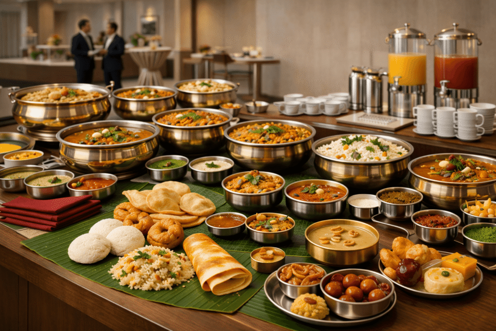 Corporate vegetarian buffet menu with breakfast items, rice dishes, curries, desserts, and beverage service at an indoor event