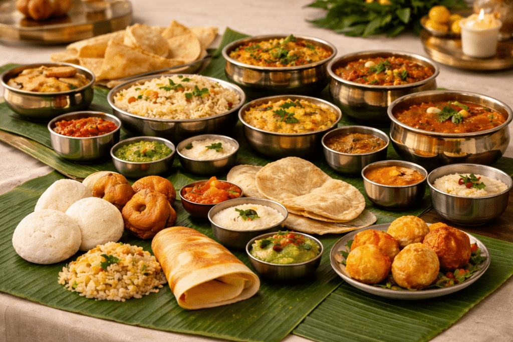 South Indian vegetarian catering menu on banana leaf with idli, dosa, poori, rice dishes, curries, chutneys, and sweets