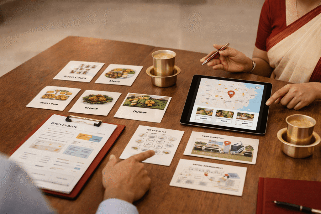 Vegetarian catering price consultation in Chennai with quote estimate, guest count, menu planning, service style, and venue logistics discussion