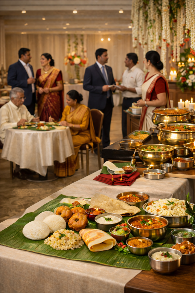 Vegetarian catering service in Chennai with banana leaf meal, buffet dishes, guests, and staff at an indoor event