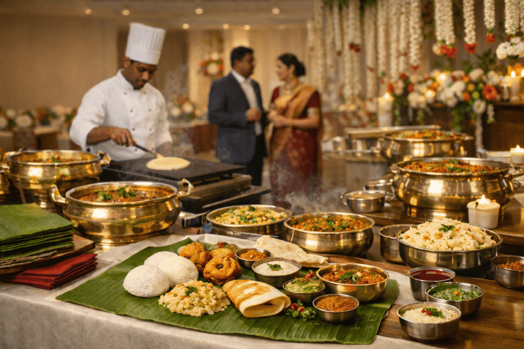 Pure vegetarian catering setup in Chennai with banana leaf meal, South Indian dishes, buffet service, and live dosa counter