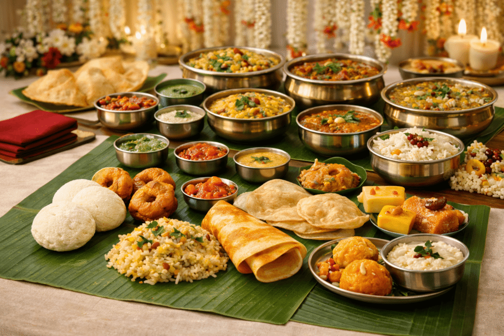 Traditional vegetarian wedding meal catering menu on banana leaf with idli, vada, dosa, poori, rice dishes, curries, and sweets